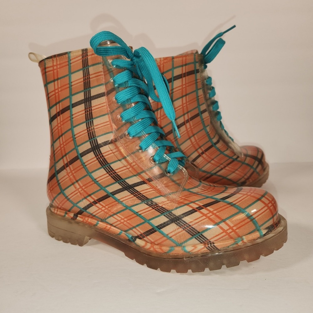 BONGO Plaid Rain Boot Women Size 9 Orange Blue Clear Jelly Lace Up Cottagecore